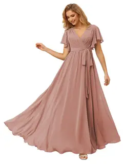 A-Line/Princess Chiffon V-Neck Short Sleeves Ankle-Length Bridesmaid Dresses — view 29