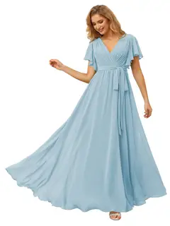 A-Line/Princess Chiffon V-Neck Short Sleeves Ankle-Length Bridesmaid Dresses — view 30
