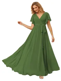 A-Line/Princess Chiffon V-Neck Short Sleeves Ankle-Length Bridesmaid Dresses — view 31
