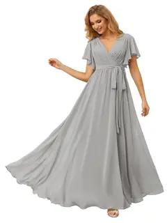 A-Line/Princess Chiffon V-Neck Short Sleeves Ankle-Length Bridesmaid Dresses — view 32