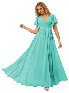 A-Line/Princess Chiffon V-Neck Short Sleeves Ankle-Length Bridesmaid Dresses — view 34