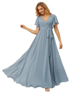A-Line/Princess Chiffon V-Neck Short Sleeves Ankle-Length Bridesmaid Dresses — view 35