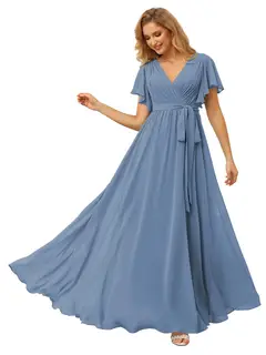 A-Line/Princess Chiffon V-Neck Short Sleeves Ankle-Length Bridesmaid Dresses — view 36