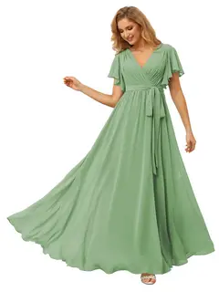 A-Line/Princess Chiffon V-Neck Short Sleeves Ankle-Length Bridesmaid Dresses — view 37
