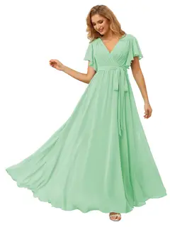 A-Line/Princess Chiffon V-Neck Short Sleeves Ankle-Length Bridesmaid Dresses — view 39