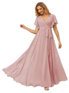 A-Line/Princess Chiffon V-Neck Short Sleeves Ankle-Length Bridesmaid Dresses — view 40