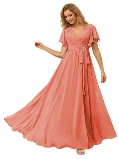 A-Line/Princess Chiffon V-Neck Short Sleeves Ankle-Length Bridesmaid Dresses — view 41