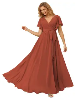 A-Line/Princess Chiffon V-Neck Short Sleeves Ankle-Length Bridesmaid Dresses — view 42