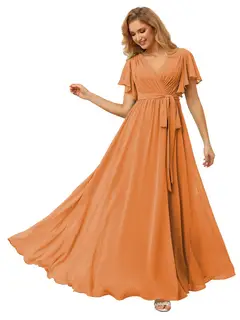 A-Line/Princess Chiffon V-Neck Short Sleeves Ankle-Length Bridesmaid Dresses — view 43