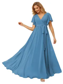 A-Line/Princess Chiffon V-Neck Short Sleeves Ankle-Length Bridesmaid Dresses — view 44