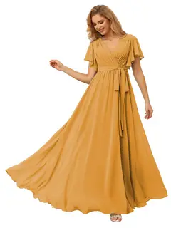 A-Line/Princess Chiffon V-Neck Short Sleeves Ankle-Length Bridesmaid Dresses — view 45