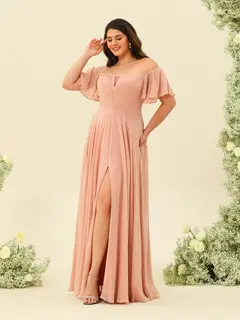 A-Line/Princess Floor-Length Off-the-Shoulder Plus Size Bridesmaid Dresses — view 4