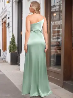 A-Line/Princess One-Shoulder Sleeveless Floor-Length Unique Stretch Satin Plus Size Bridesmaid Dress With Ruffles — view 2