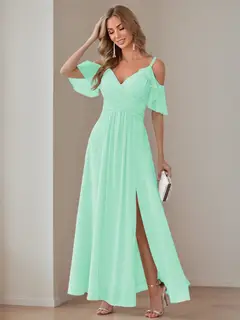A-Line/Princess V Neck Short Sleeve Spaghetti Straps Ankle Length Bridesmaid Dresses Chiffon with Ruffles Bow(s) — view 1
