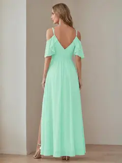 A-Line/Princess V Neck Short Sleeve Spaghetti Straps Ankle Length Bridesmaid Dresses Chiffon with Ruffles Bow(s) — view 2