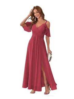 A-Line/Princess V Neck Short Sleeve Spaghetti Straps Ankle Length Bridesmaid Dresses Chiffon with Ruffles Bow(s) — view 3