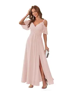 A-Line/Princess V Neck Short Sleeve Spaghetti Straps Ankle Length Bridesmaid Dresses Chiffon with Ruffles Bow(s) — view 4