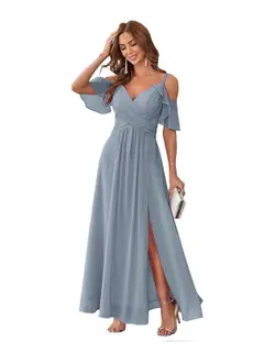 A-Line/Princess V Neck Short Sleeve Spaghetti Straps Ankle Length Bridesmaid Dresses Chiffon with Ruffles Bow(s) — view 5