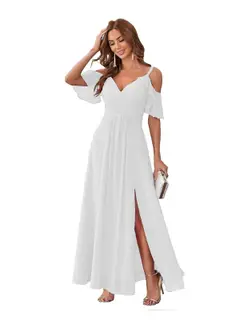 A-Line/Princess V Neck Short Sleeve Spaghetti Straps Ankle Length Bridesmaid Dresses Chiffon with Ruffles Bow(s) — view 7