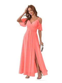 A-Line/Princess V Neck Short Sleeve Spaghetti Straps Ankle Length Bridesmaid Dresses Chiffon with Ruffles Bow(s) — view 8