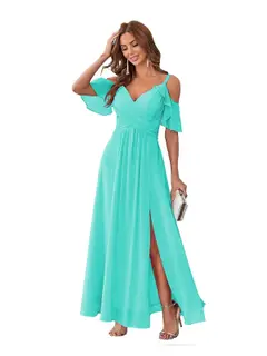 A-Line/Princess V Neck Short Sleeve Spaghetti Straps Ankle Length Bridesmaid Dresses Chiffon with Ruffles Bow(s) — view 9