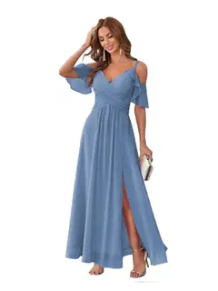 A-Line/Princess V Neck Short Sleeve Spaghetti Straps Ankle Length Bridesmaid Dresses Chiffon with Ruffles Bow(s) — view 10