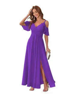 A-Line/Princess V Neck Short Sleeve Spaghetti Straps Ankle Length Bridesmaid Dresses Chiffon with Ruffles Bow(s) — view 11