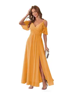 A-Line/Princess V Neck Short Sleeve Spaghetti Straps Ankle Length Bridesmaid Dresses Chiffon with Ruffles Bow(s) — view 12