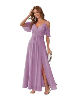 A-Line/Princess V Neck Short Sleeve Spaghetti Straps Ankle Length Bridesmaid Dresses Chiffon with Ruffles Bow(s) — view 13
