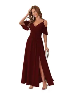 A-Line/Princess V Neck Short Sleeve Spaghetti Straps Ankle Length Bridesmaid Dresses Chiffon with Ruffles Bow(s) — view 14