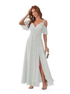 A-Line/Princess V Neck Short Sleeve Spaghetti Straps Ankle Length Bridesmaid Dresses Chiffon with Ruffles Bow(s) — view 15