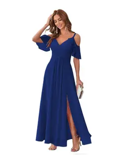 A-Line/Princess V Neck Short Sleeve Spaghetti Straps Ankle Length Bridesmaid Dresses Chiffon with Ruffles Bow(s) — view 16