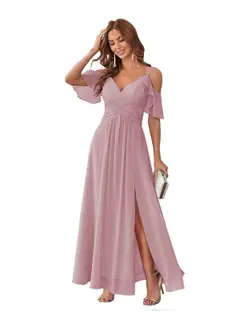 A-Line/Princess V Neck Short Sleeve Spaghetti Straps Ankle Length Bridesmaid Dresses Chiffon with Ruffles Bow(s) — view 17