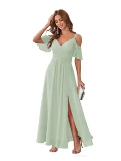 A-Line/Princess V Neck Short Sleeve Spaghetti Straps Ankle Length Bridesmaid Dresses Chiffon with Ruffles Bow(s) — view 18