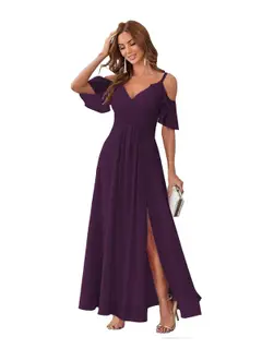 A-Line/Princess V Neck Short Sleeve Spaghetti Straps Ankle Length Bridesmaid Dresses Chiffon with Ruffles Bow(s) — view 19