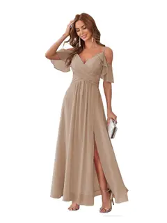 A-Line/Princess V Neck Short Sleeve Spaghetti Straps Ankle Length Bridesmaid Dresses Chiffon with Ruffles Bow(s) — view 20