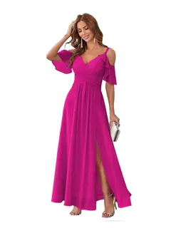 A-Line/Princess V Neck Short Sleeve Spaghetti Straps Ankle Length Bridesmaid Dresses Chiffon with Ruffles Bow(s) — view 22