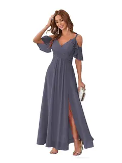 A-Line/Princess V Neck Short Sleeve Spaghetti Straps Ankle Length Bridesmaid Dresses Chiffon with Ruffles Bow(s) — view 23