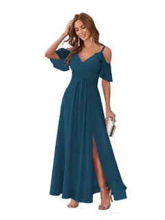 A-Line/Princess V Neck Short Sleeve Spaghetti Straps Ankle Length Bridesmaid Dresses Chiffon with Ruffles Bow(s) — view 24