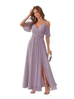A-Line/Princess V Neck Short Sleeve Spaghetti Straps Ankle Length Bridesmaid Dresses Chiffon with Ruffles Bow(s) — view 25