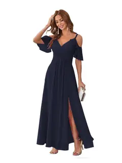 A-Line/Princess V Neck Short Sleeve Spaghetti Straps Ankle Length Bridesmaid Dresses Chiffon with Ruffles Bow(s) — view 26