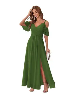 A-Line/Princess V Neck Short Sleeve Spaghetti Straps Ankle Length Bridesmaid Dresses Chiffon with Ruffles Bow(s) — view 27
