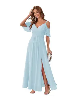 A-Line/Princess V Neck Short Sleeve Spaghetti Straps Ankle Length Bridesmaid Dresses Chiffon with Ruffles Bow(s) — view 28