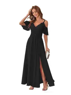 A-Line/Princess V Neck Short Sleeve Spaghetti Straps Ankle Length Bridesmaid Dresses Chiffon with Ruffles Bow(s) — view 29