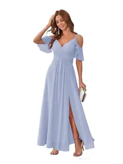 A-Line/Princess V Neck Short Sleeve Spaghetti Straps Ankle Length Bridesmaid Dresses Chiffon with Ruffles Bow(s) — view 30