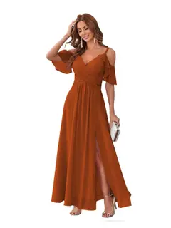 A-Line/Princess V Neck Short Sleeve Spaghetti Straps Ankle Length Bridesmaid Dresses Chiffon with Ruffles Bow(s) — view 31