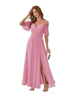 A-Line/Princess V Neck Short Sleeve Spaghetti Straps Ankle Length Bridesmaid Dresses Chiffon with Ruffles Bow(s) — view 32