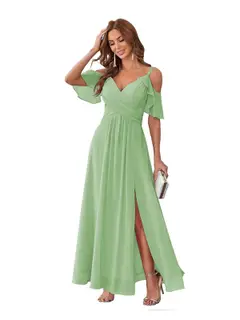 A-Line/Princess V Neck Short Sleeve Spaghetti Straps Ankle Length Bridesmaid Dresses Chiffon with Ruffles Bow(s) — view 33