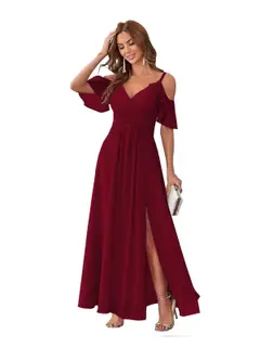 A-Line/Princess V Neck Short Sleeve Spaghetti Straps Ankle Length Bridesmaid Dresses Chiffon with Ruffles Bow(s) — view 34