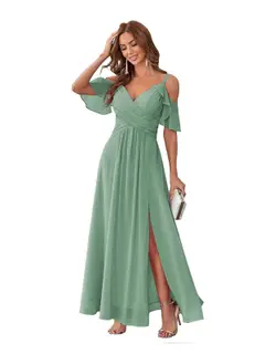 A-Line/Princess V Neck Short Sleeve Spaghetti Straps Ankle Length Bridesmaid Dresses Chiffon with Ruffles Bow(s) — view 35